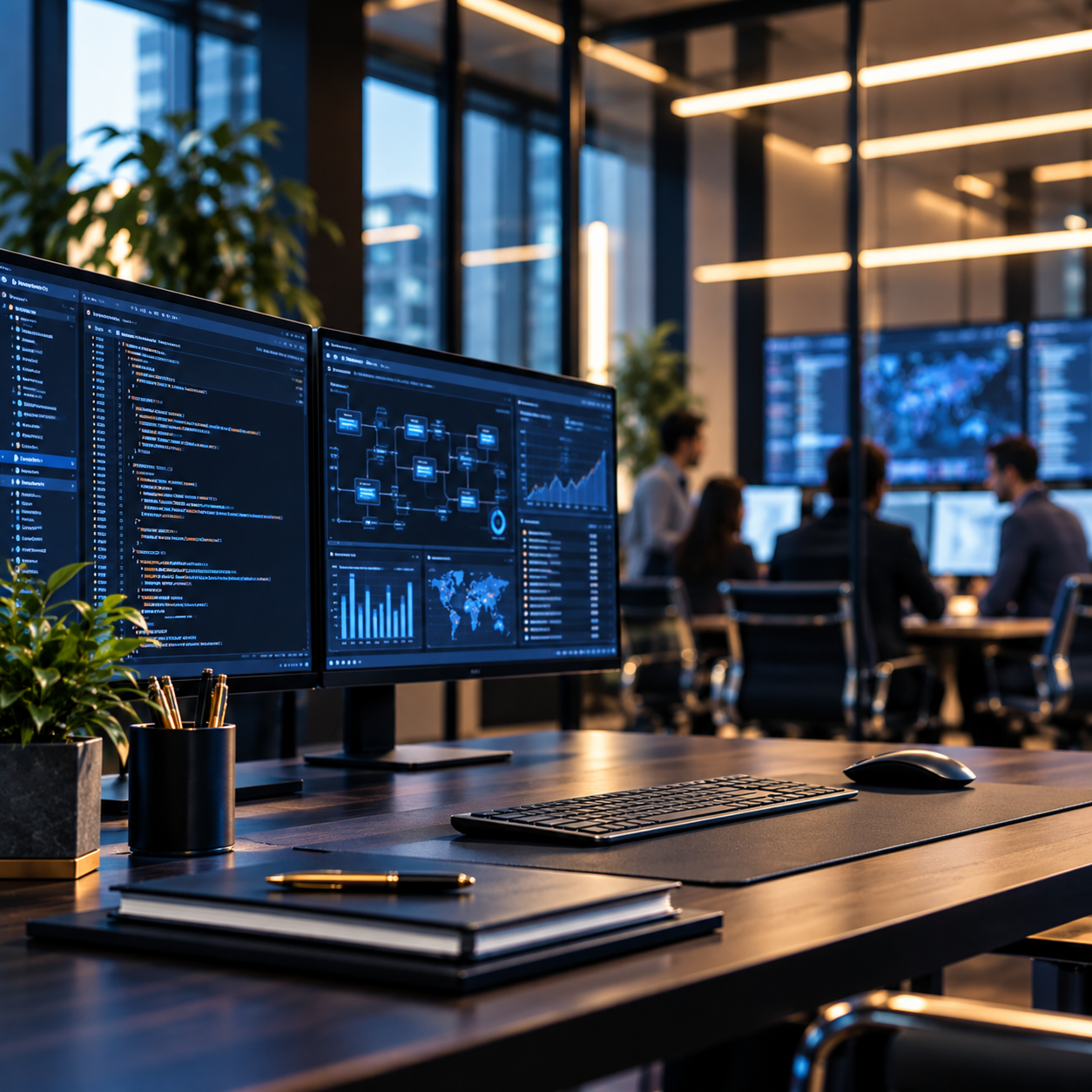 Computer monitors in a production AI workspace, with a team collaborating in the background