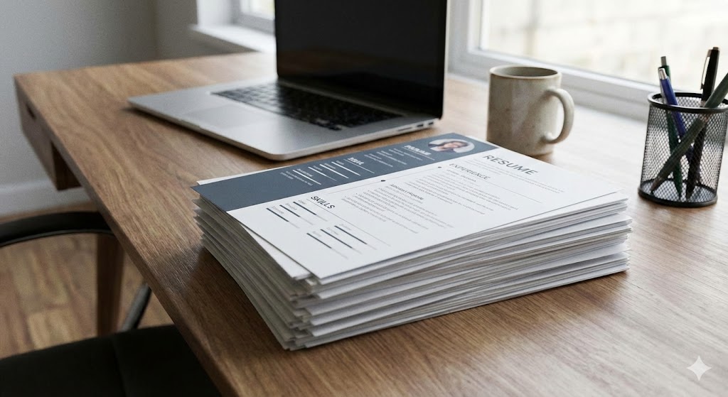 Stack of resumes on desk